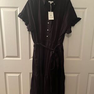 Free Assembly Black Midi Shirtdress with Ruffles